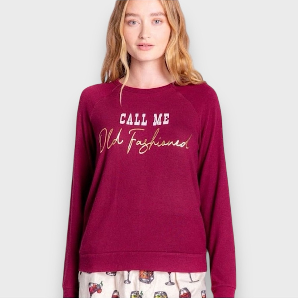 NWT PJ Salvage Call Me Old Fashioned Long Sleeve Lounge Top In Color Port Medium